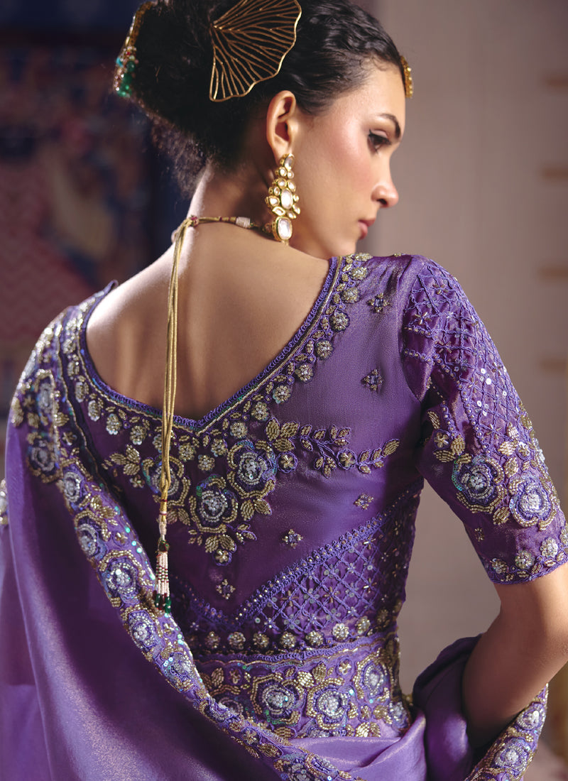 Vegaa Fashion Purple Silk Embroidered Wedding Wear Saree | Grocsy