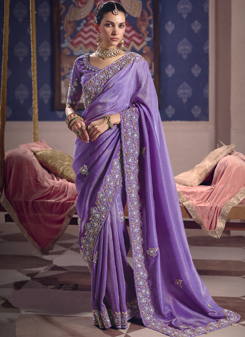 Vegaa Fashion Purple Silk Embroidered Wedding Wear Saree | Grocsy