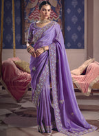 Vegaa Fashion Purple Silk Embroidered Wedding Wear Saree | Grocsy