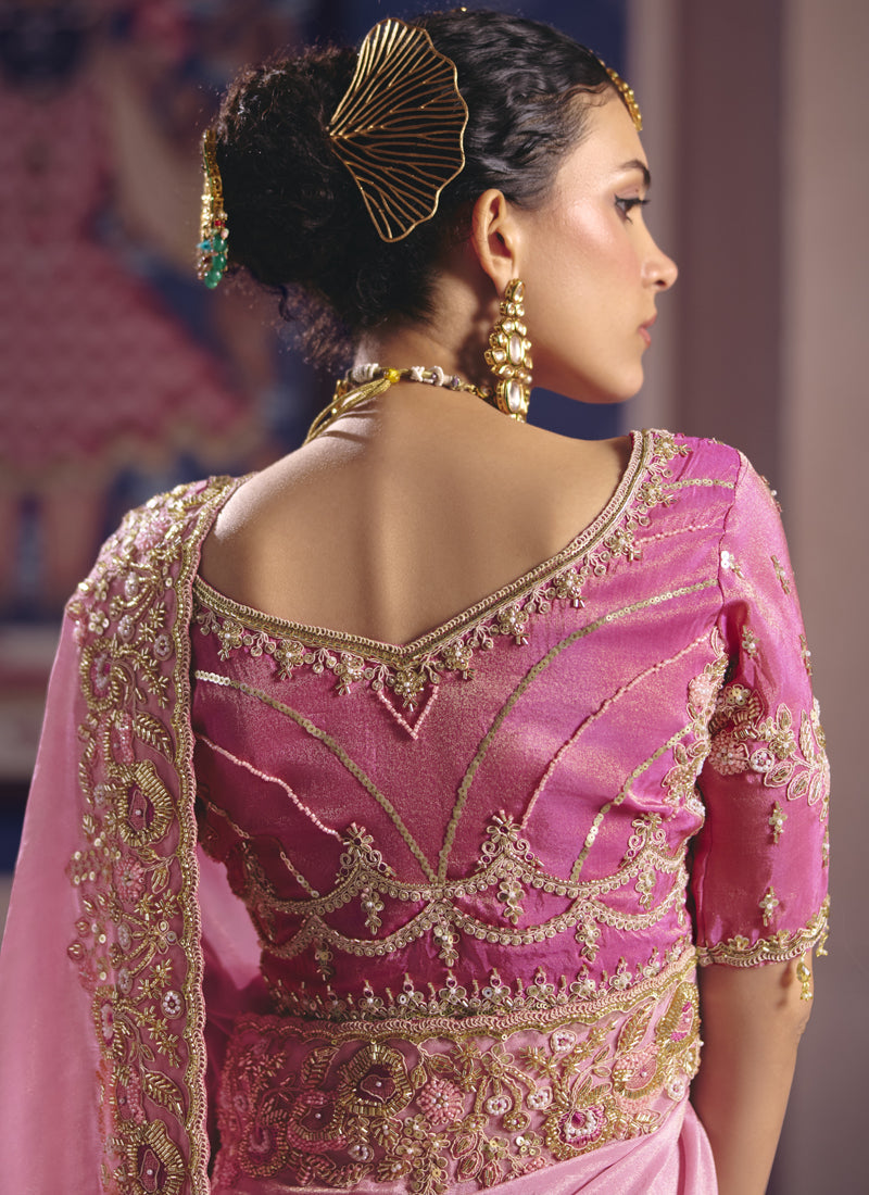 Vegaa Fashion Light_Pink Silk Embroidered Wedding Wear Saree | Grocsy