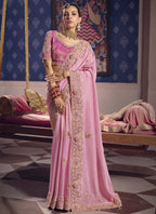 Vegaa Fashion Light_Pink Silk Embroidered Wedding Wear Saree | Grocsy