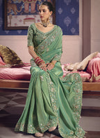 Vegaa Fashion Dark_Green Silk Embroidered Wedding Wear Saree | Grocsy