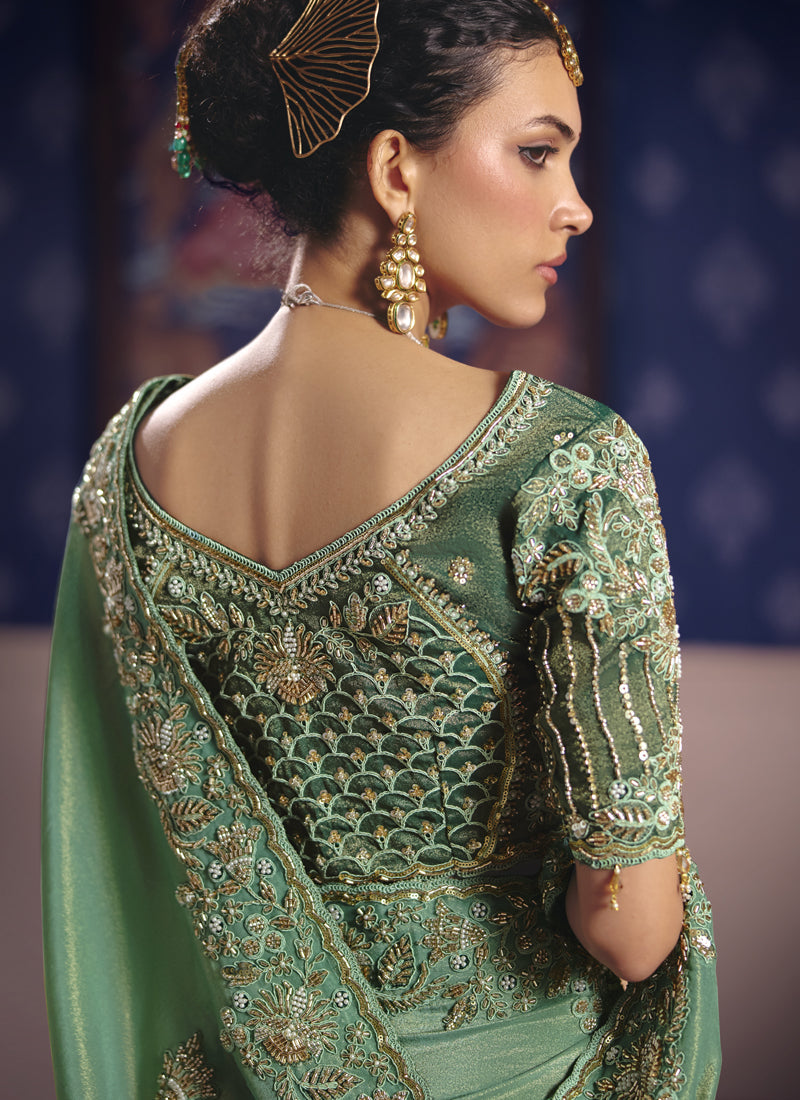 Vegaa Fashion Dark_Green Silk Embroidered Wedding Wear Saree | Grocsy