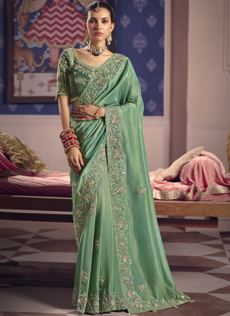 Vegaa Fashion Dark_Green Silk Embroidered Wedding Wear Saree | Grocsy
