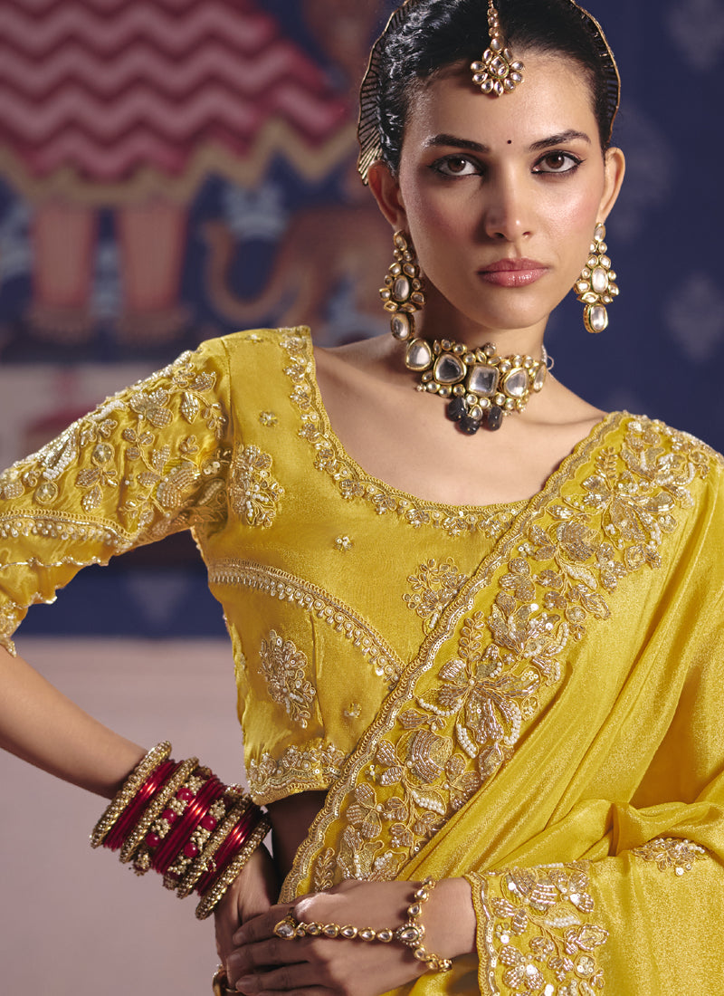 Vegaa Fashion Yellow Silk Embroidered Wedding Wear Saree | Grocsy