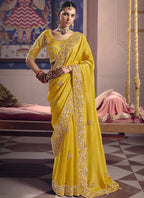 Vegaa Fashion Yellow Silk Embroidered Wedding Wear Saree | Grocsy