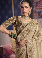 Vegaa Fashion Dark_Beige Silk Embroidered Wedding Wear Saree | Grocsy
