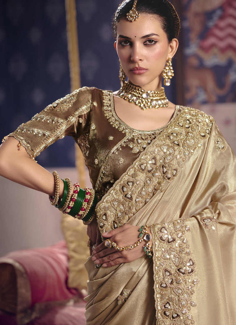 Vegaa Fashion Dark_Beige Silk Embroidered Wedding Wear Saree | Grocsy