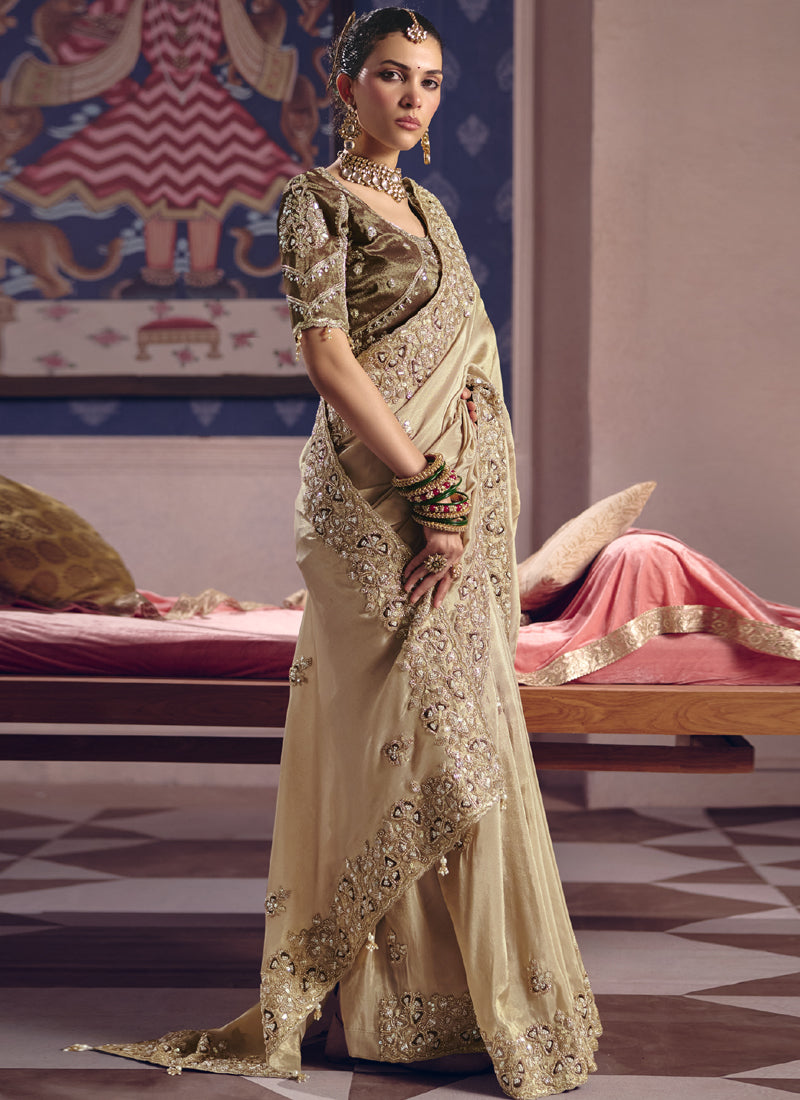 Vegaa Fashion Dark_Beige Silk Embroidered Wedding Wear Saree | Grocsy