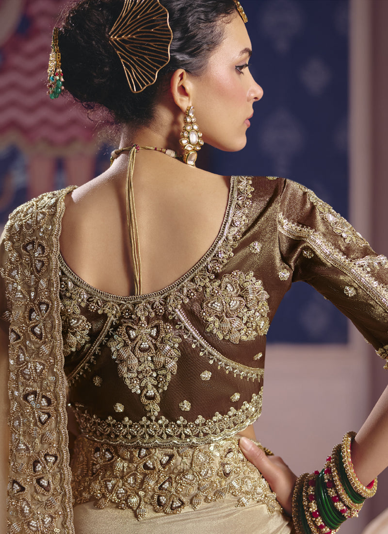 Vegaa Fashion Dark_Beige Silk Embroidered Wedding Wear Saree | Grocsy