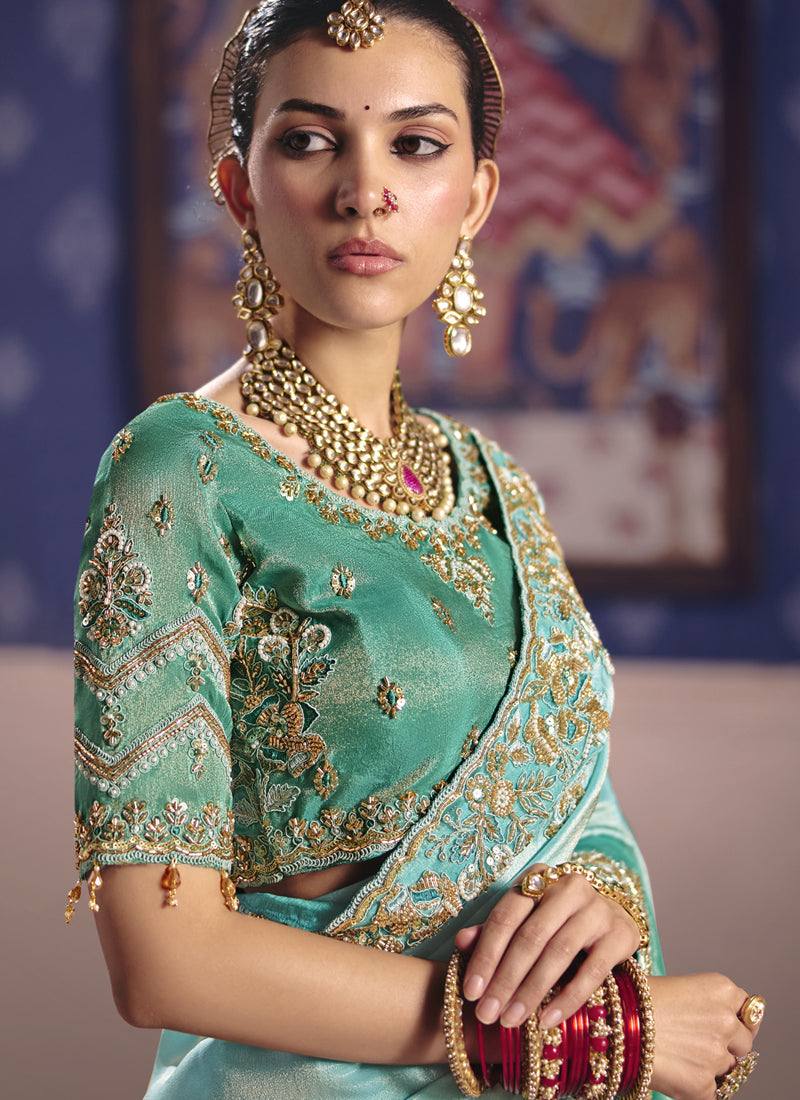 Vegaa Fashion Turquoise Silk Embroidered Wedding Wear Saree | Grocsy