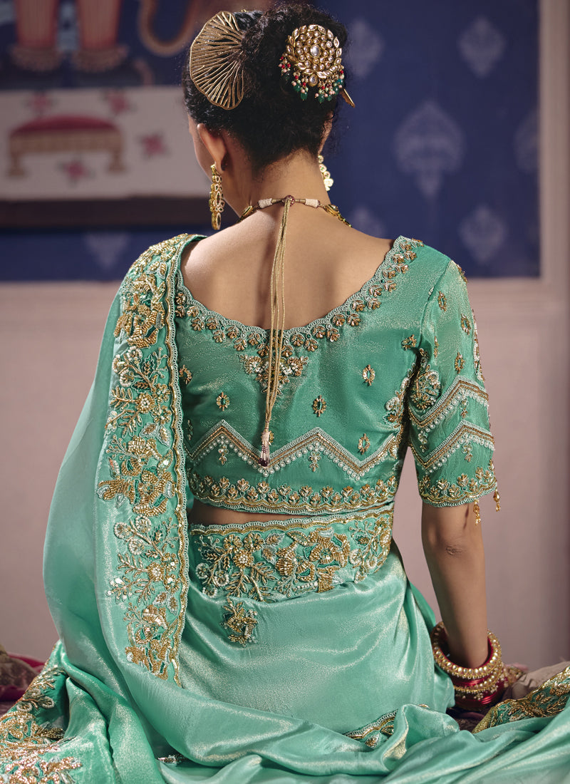 Vegaa Fashion Turquoise Silk Embroidered Wedding Wear Saree | Grocsy