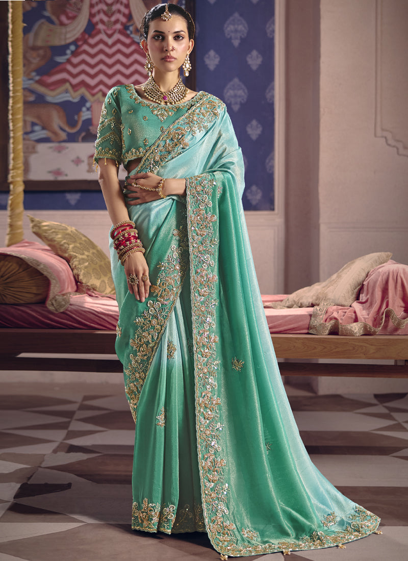 Vegaa Fashion Turquoise Silk Embroidered Wedding Wear Saree | Grocsy