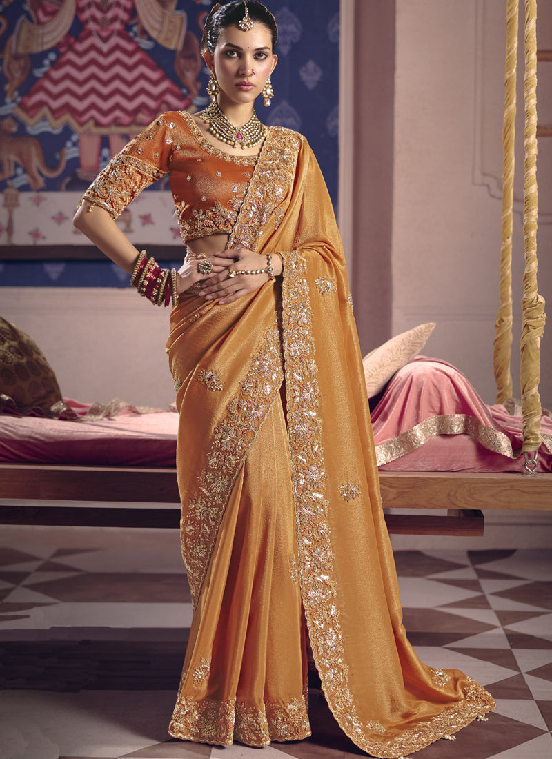 Vegaa Fashion Orange Silk Embroidered Wedding Wear Saree | Grocsy