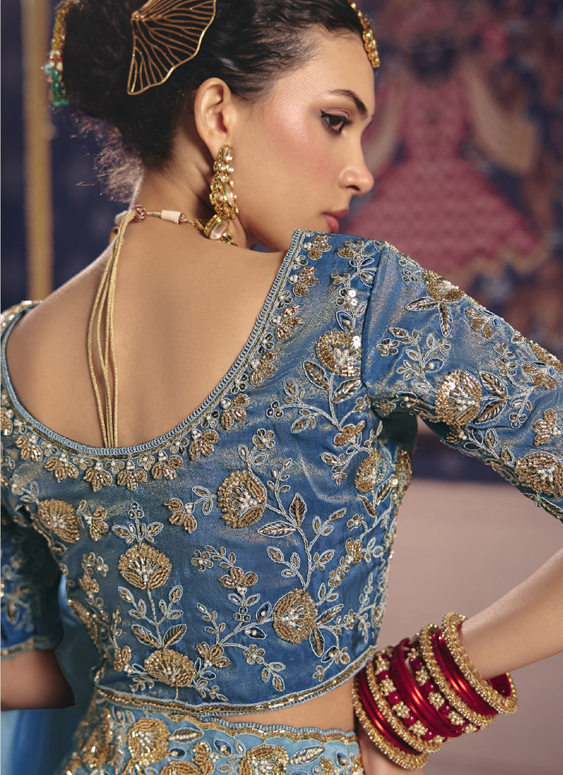 Vegaa Fashion Sky_Blue Silk Embroidered Wedding Wear Saree | Grocsy