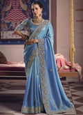 Vegaa Fashion Sky_Blue Silk Embroidered Wedding Wear Saree | Grocsy