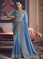 Vegaa Fashion Sky_Blue Silk Embroidered Wedding Wear Saree | Grocsy