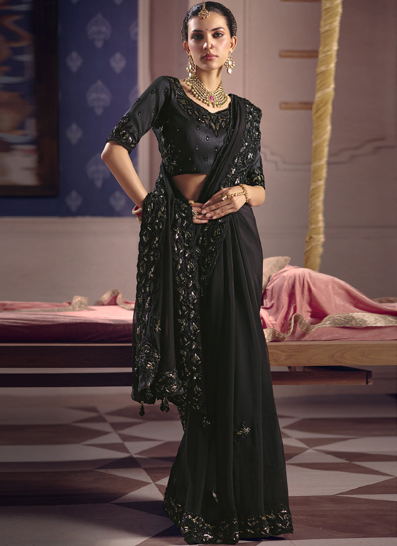 Vegaa Fashion Black Silk Embroidered Wedding Wear Saree | Grocsy