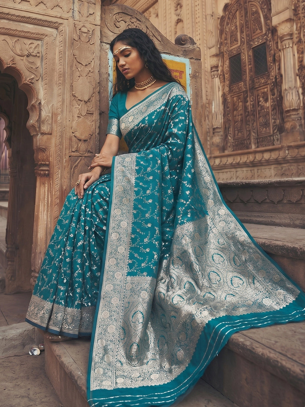Shree Shyam Fashion Rama Blue Art Silk Fancy Saree | Grocsy