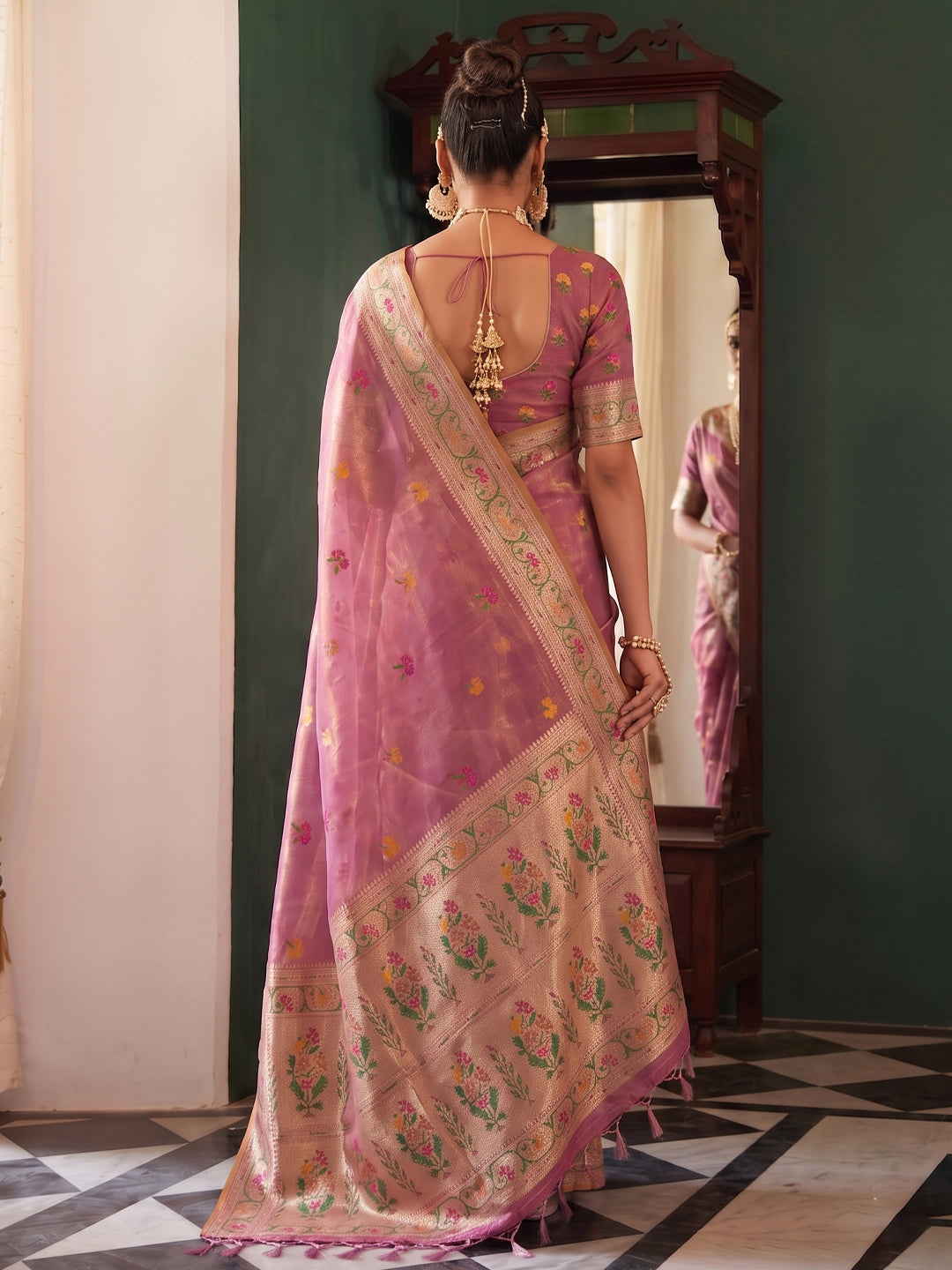 Shree Shyam Fashion Rose Pink Woven Work Tissue Silk Fabric Festive Wear Saree With Blouse | Grocsy