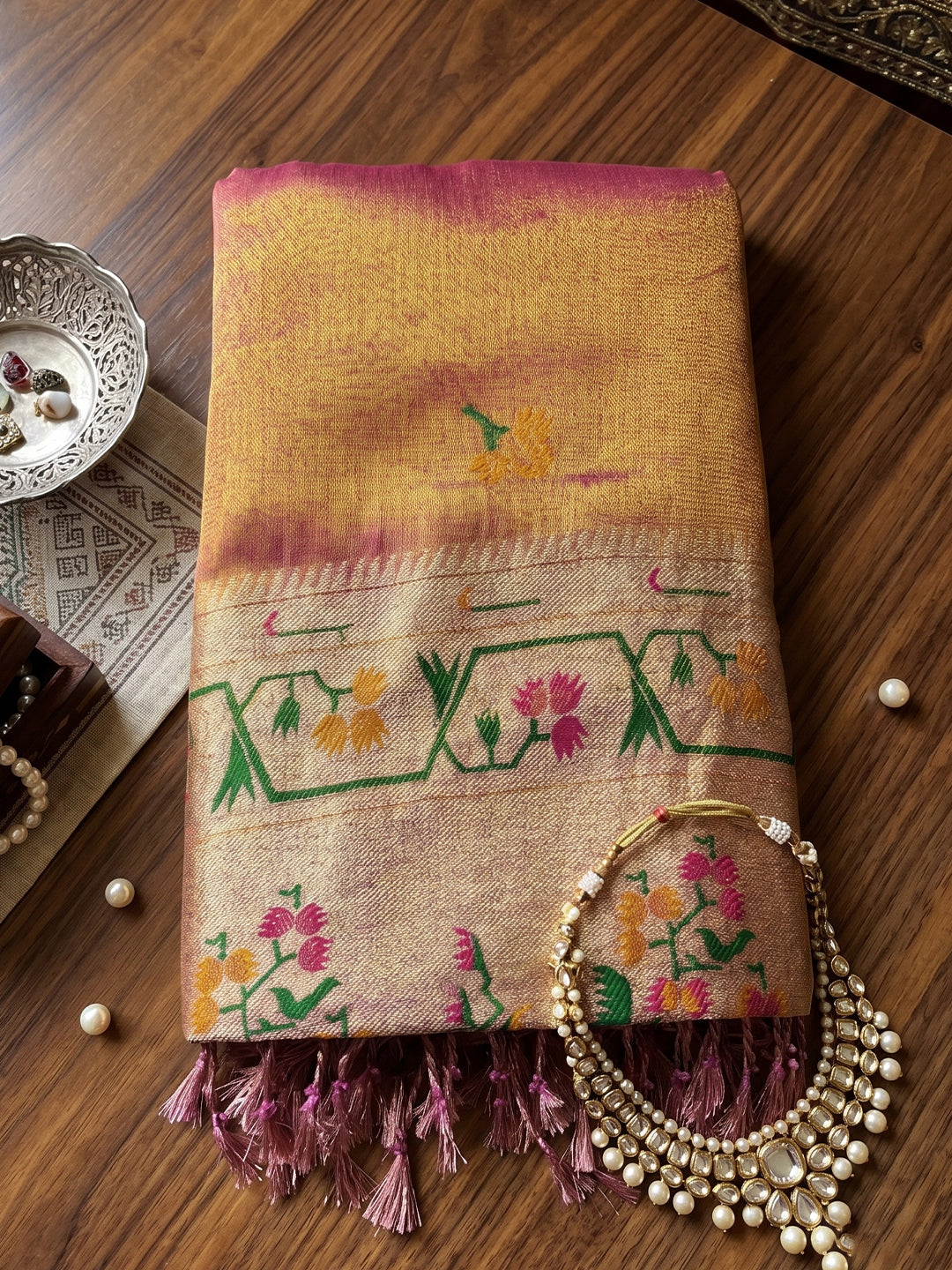 Shree Shyam Fashion Rose Pink Woven Work Tissue Silk Fabric Festive Wear Saree With Blouse | Grocsy