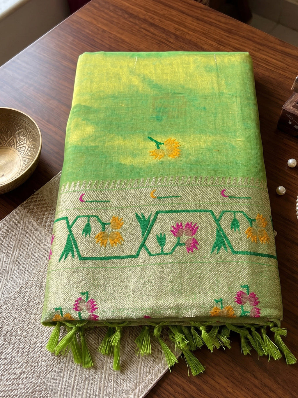 Shree Shyam Fashion Green Woven Work Tissue Silk Fabric Festive Wear Saree With Blouse | Grocsy