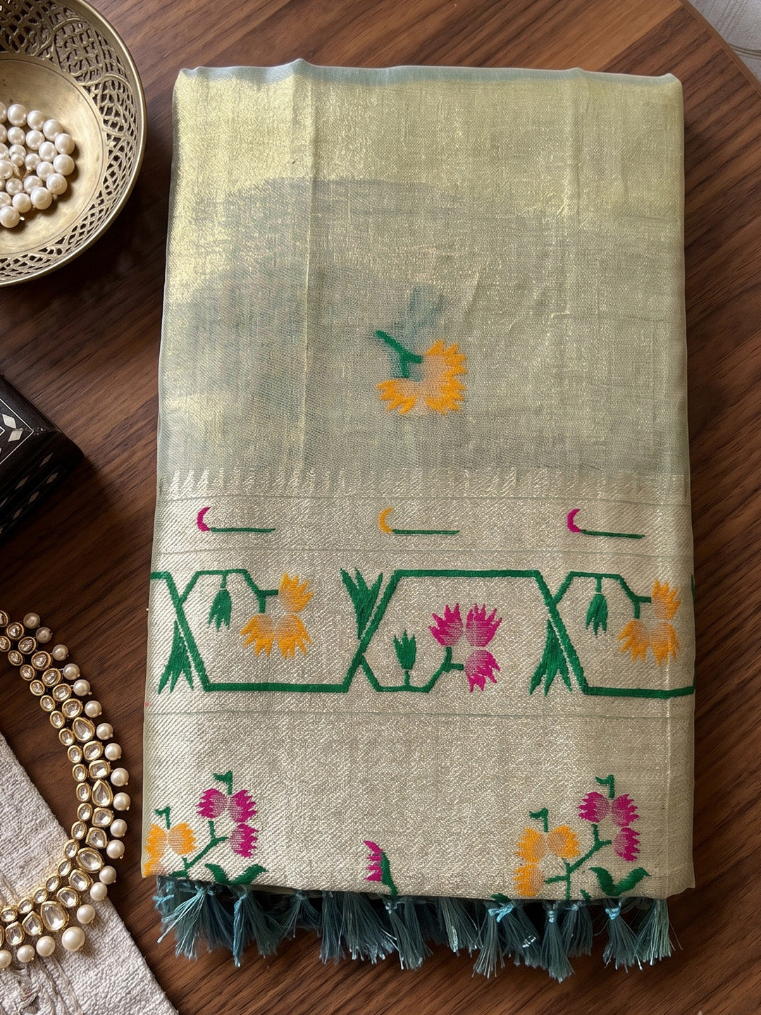 Shree Shyam Fashion Sky Blue Woven Work Tissue Silk Fabric Festive Wear Saree With Blouse | Grocsy