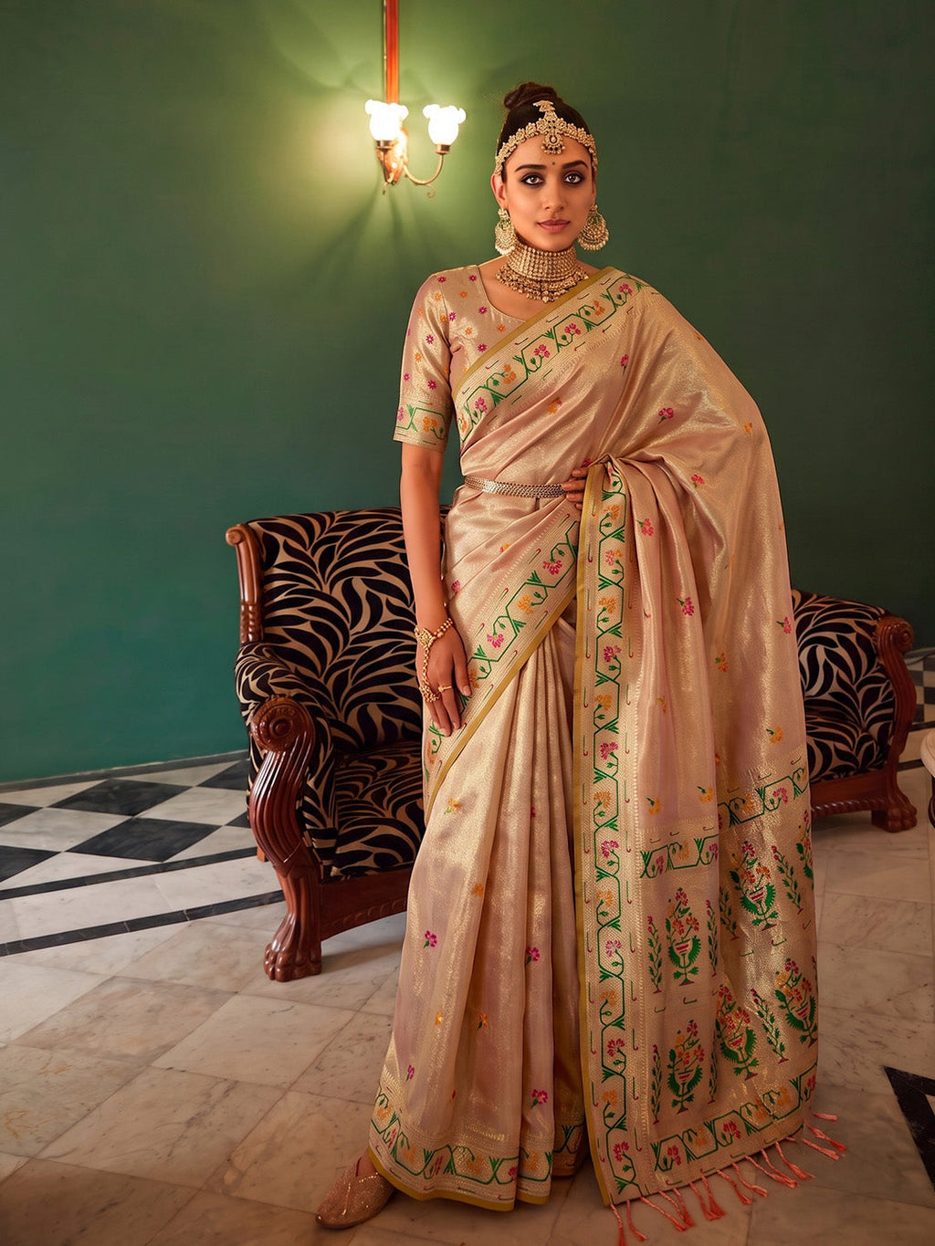 Shree Shyam Fashion Cream Woven Work Tissue Silk Fabric Festive Wear Saree With Blouse | Grocsy