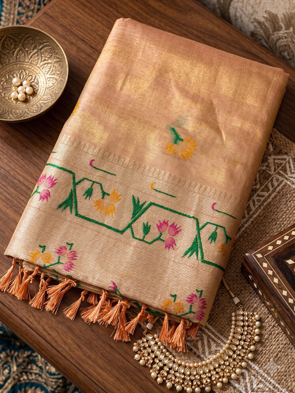 Shree Shyam Fashion Cream Woven Work Tissue Silk Fabric Festive Wear Saree With Blouse | Grocsy