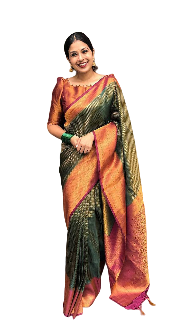Vamika Weaving Banarasi Jacquard Green Kanjivaram Saree | Grocsy