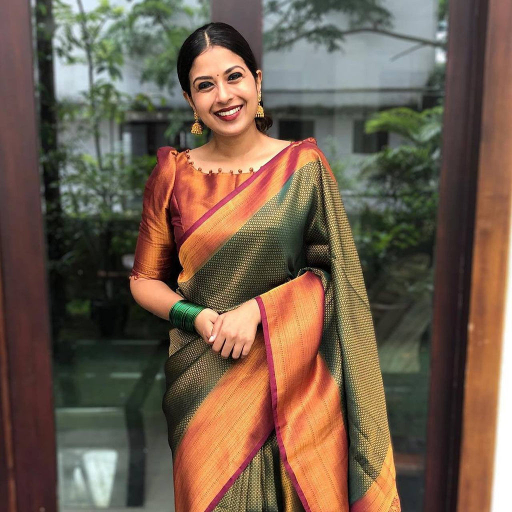 Vamika Weaving Banarasi Jacquard Green Kanjivaram Saree | Grocsy