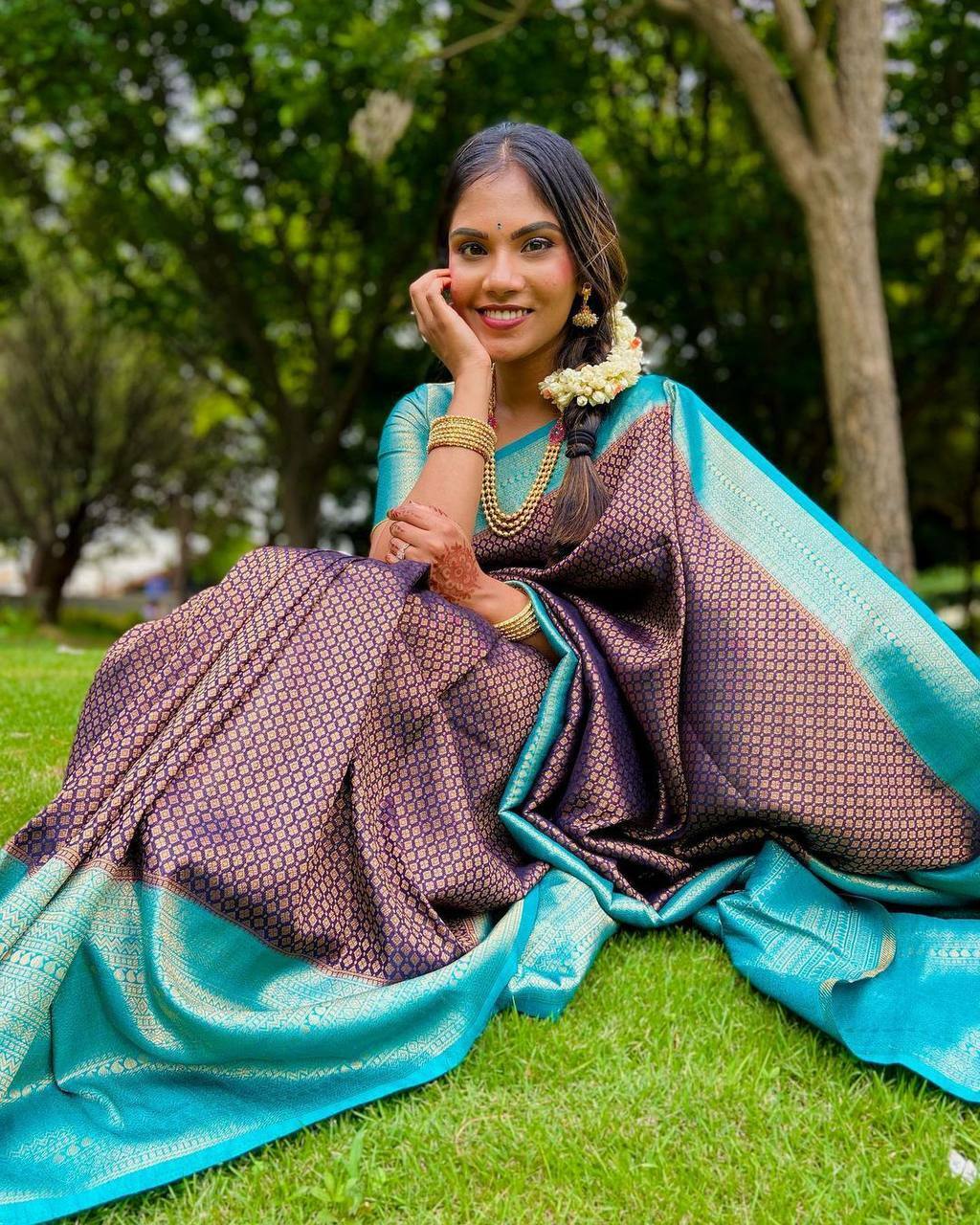Vamika Weaving Banarasi Jacquard Purple Kanjivaram Saree | Grocsy