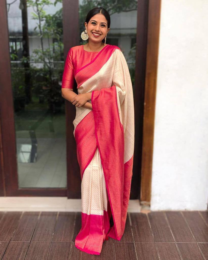 Vamika Weaving Banarasi Jacquard white Kanjivaram Saree | Grocsy