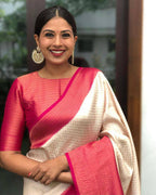 Vamika Weaving Banarasi Jacquard white Kanjivaram Saree | Grocsy