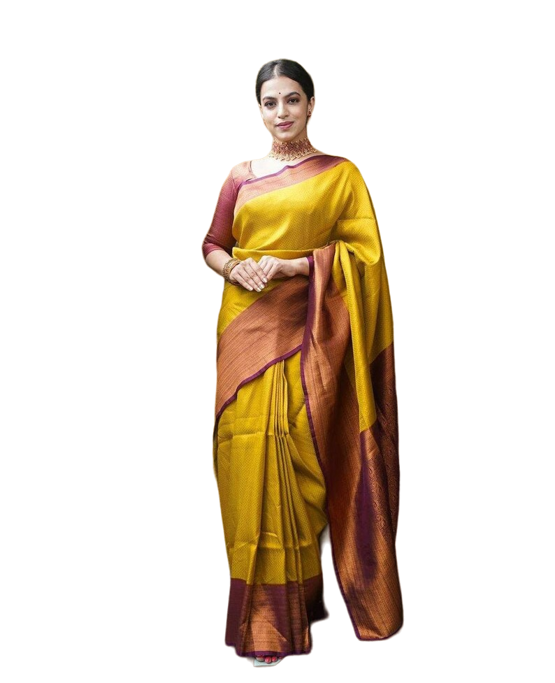 Vamika Weaving Banarasi Jacquard yellow Kanjivaram Saree | Grocsy