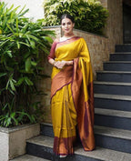 Vamika Weaving Banarasi Jacquard yellow Kanjivaram Saree | Grocsy