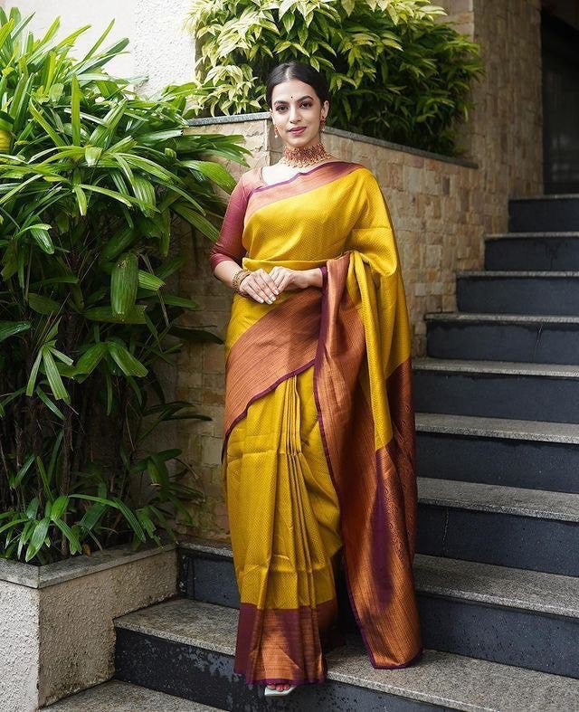Vamika Weaving Banarasi Jacquard yellow Kanjivaram Saree | Grocsy