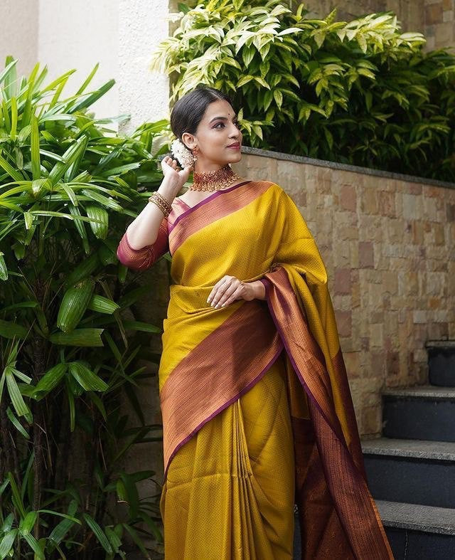 Vamika Weaving Banarasi Jacquard yellow Kanjivaram Saree | Grocsy