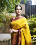 Vamika Weaving Banarasi Jacquard yellow Kanjivaram Saree | Grocsy