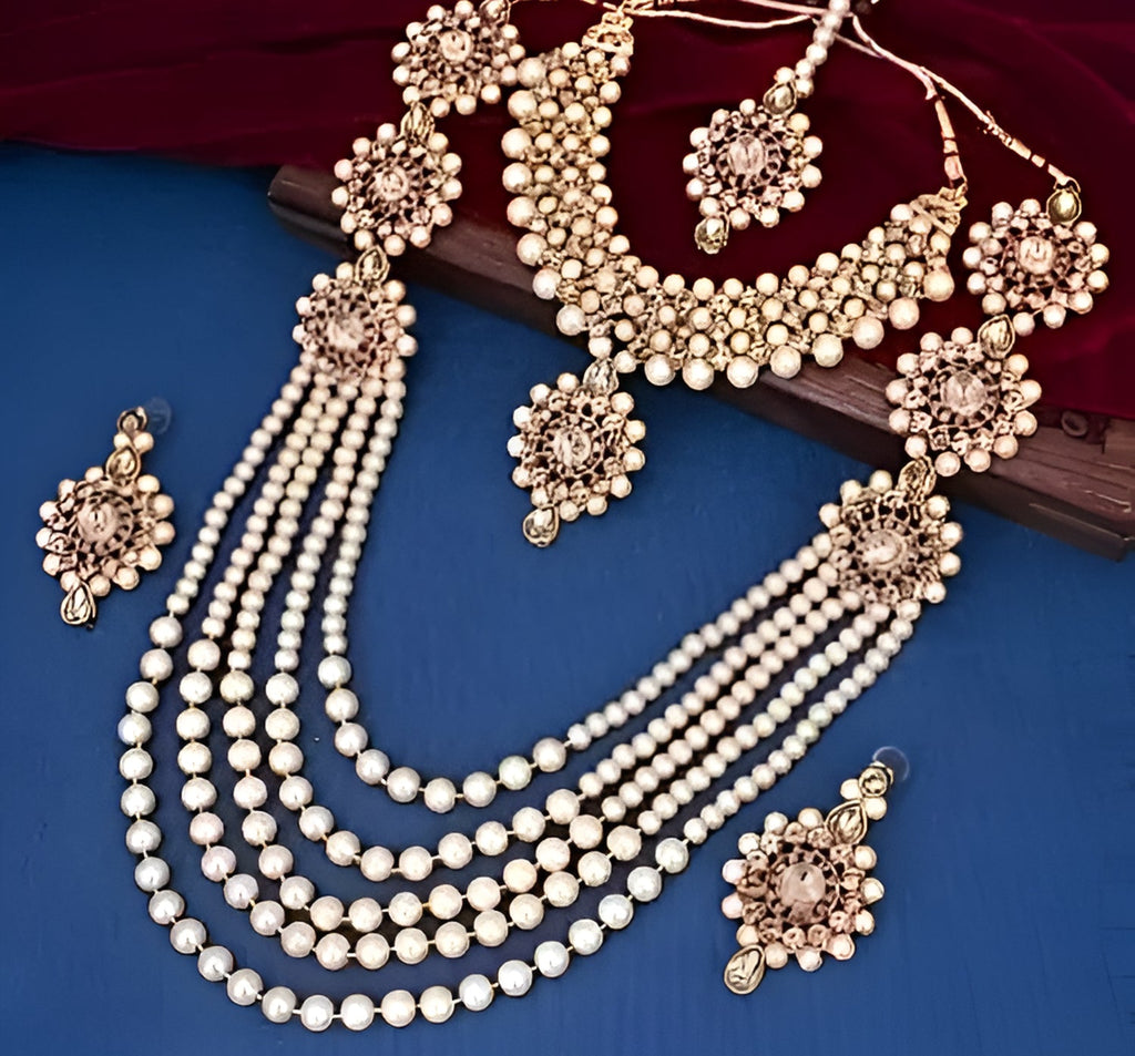 Jewel City Traditional Kundan & Pearl Long Necklace Set Bridal Ethnic Choker Jewelry Set Handcrafted Indian Wedding Jewelry | Grocsy
