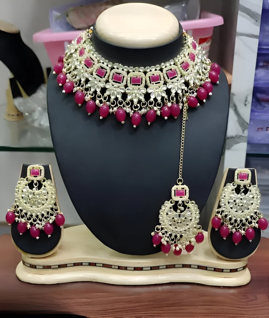Jewel City Kundan Pearl Choker Necklace Set - Traditional Indian Jewelry with Earrings & Maang Tikka Rani Color | Grocsy