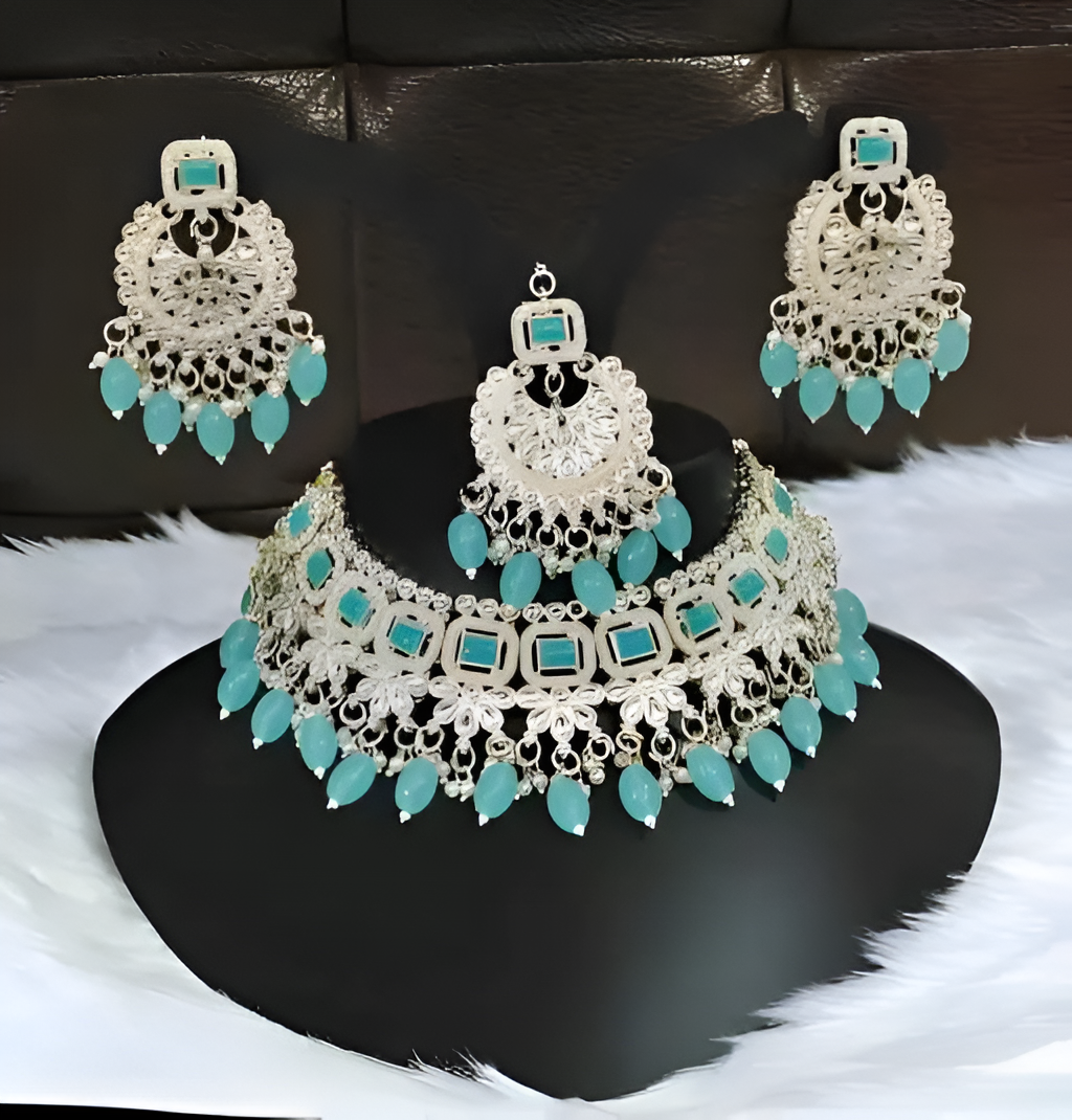 Jewel City Elegant Kundan Pearl Choker Necklace Set - Traditional Indian Bridal Jewelry with Earrings & Maang Tikka | Grocsy