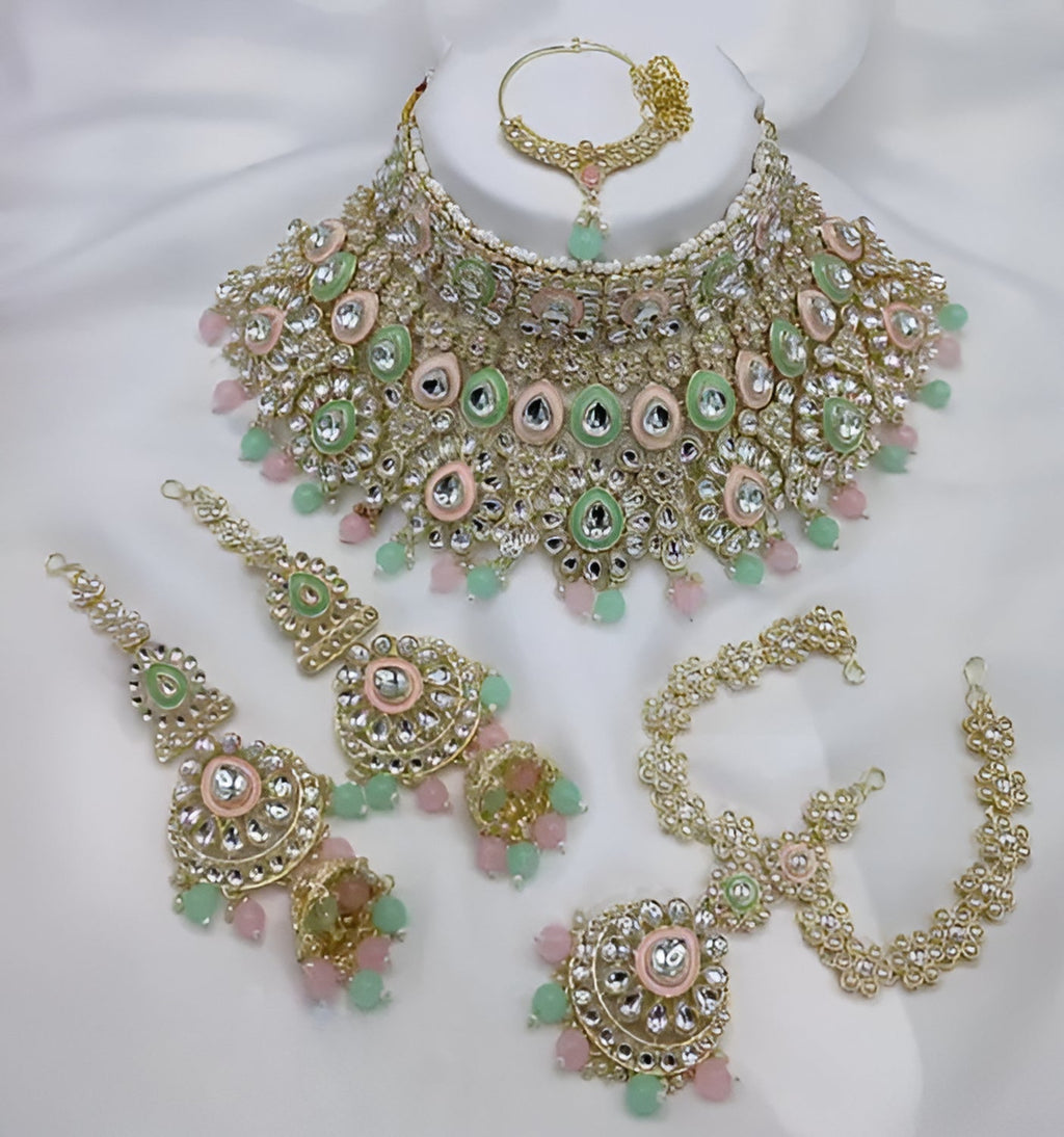 Jewel City Traditional Kundan Bridal Jewelry for Women Handcrafted Necklace with Earrings, Maang Tikka, Indian Wedding Jewellery Set | Grocsy