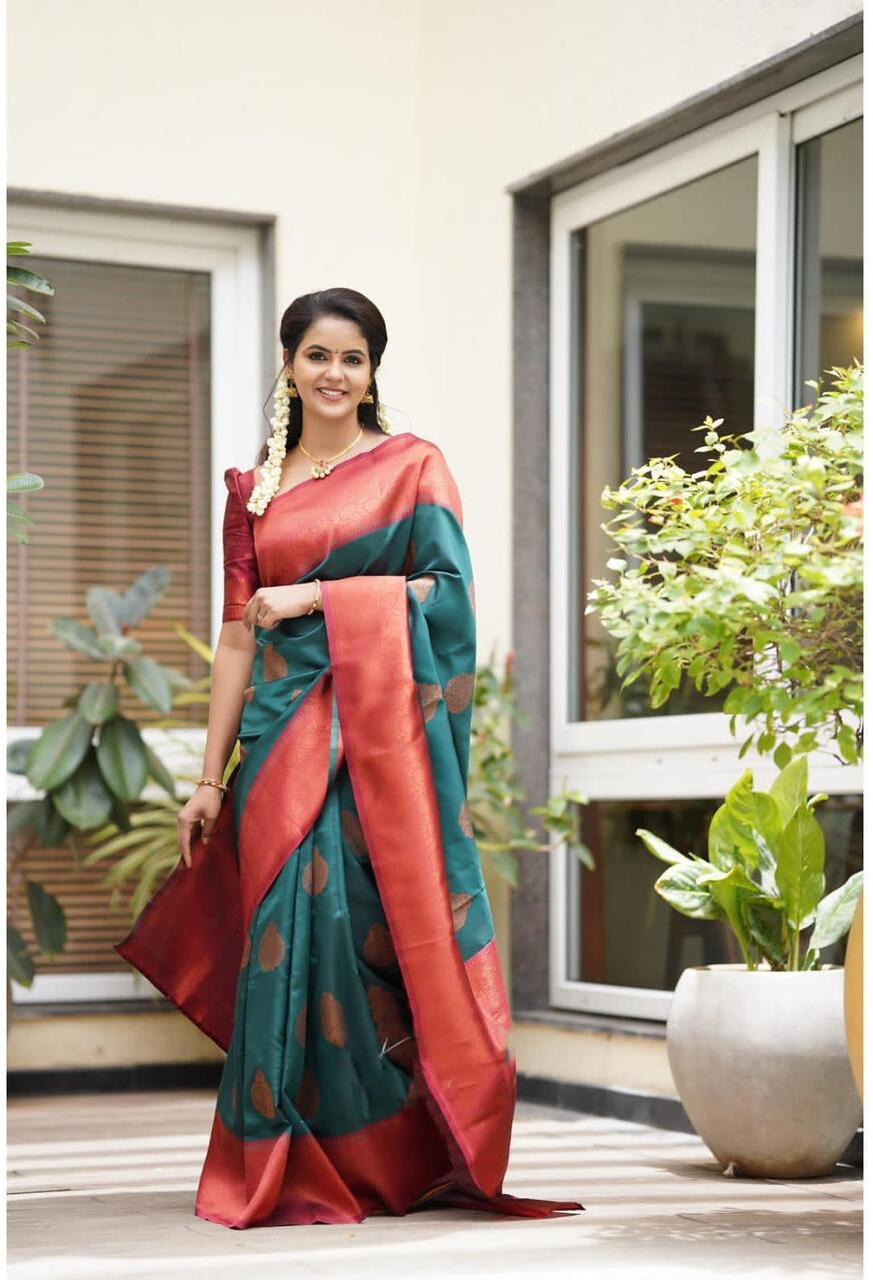 Vamika Weaving Banarasi Jacquard Green Kanjivaram Saree | Grocsy