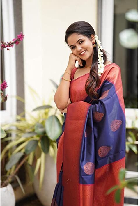Vamika Weaving Banarasi Jacquard navy Kanjivaram Saree | Grocsy
