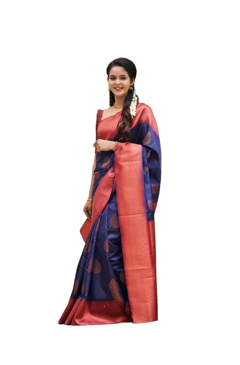 Vamika Weaving Banarasi Jacquard navy Kanjivaram Saree | Grocsy