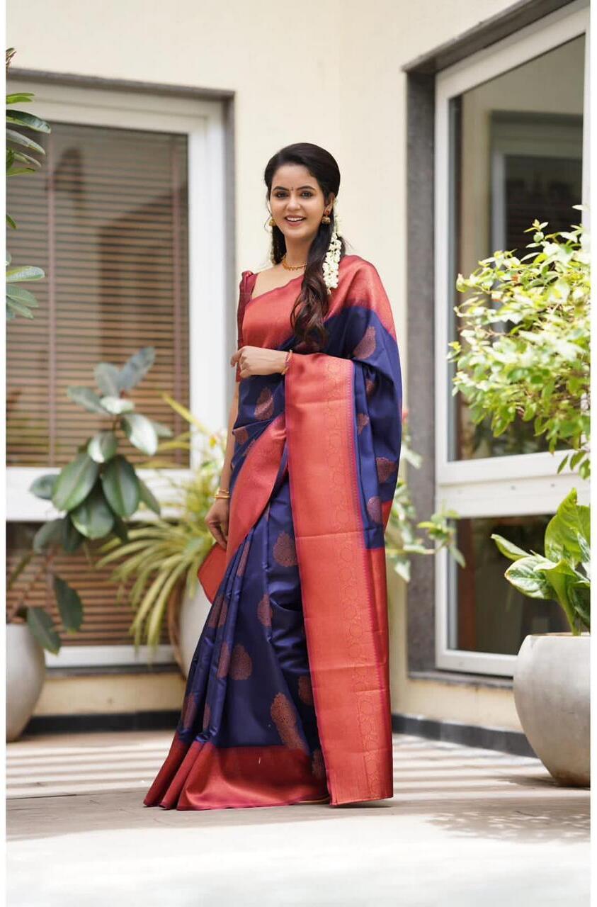 Vamika Weaving Banarasi Jacquard navy Kanjivaram Saree | Grocsy