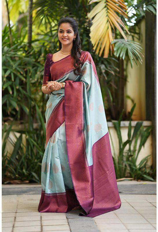 Vamika Weaving Banarasi Jacquard sky blue Kanjivaram Saree | Grocsy