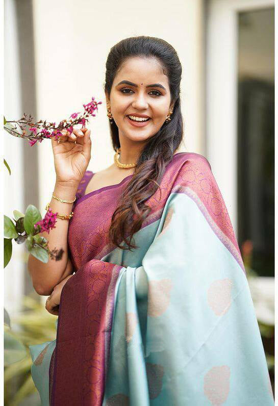 Vamika Weaving Banarasi Jacquard sky blue Kanjivaram Saree | Grocsy