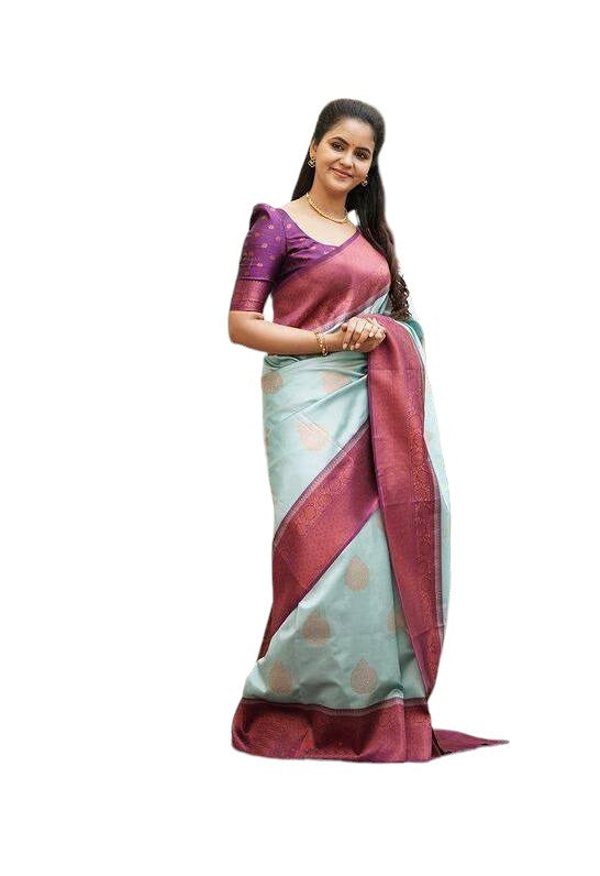 Vamika Weaving Banarasi Jacquard sky blue Kanjivaram Saree | Grocsy